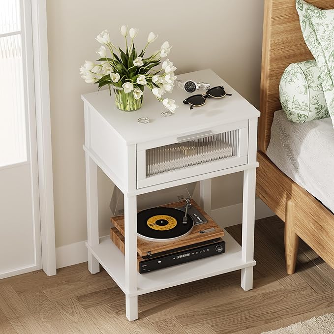 Nightstand Wooden Bedside Table with Drawer White Night Stands Modern Style Small End Table Side Table with Storage Shelf for Bedroom Living Room MLBZ10W