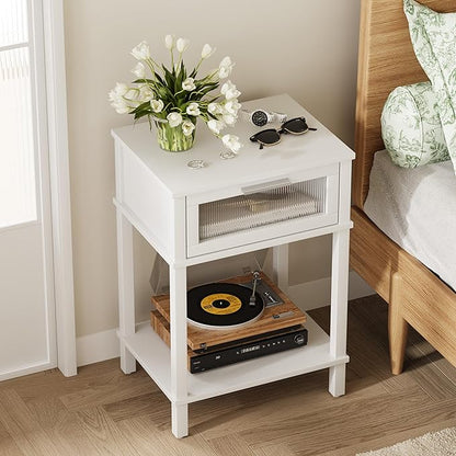 Nightstand Wooden Bedside Table with Drawer White Night Stands Modern Style Small End Table Side Table with Storage Shelf for Bedroom Living Room MLBZ10W