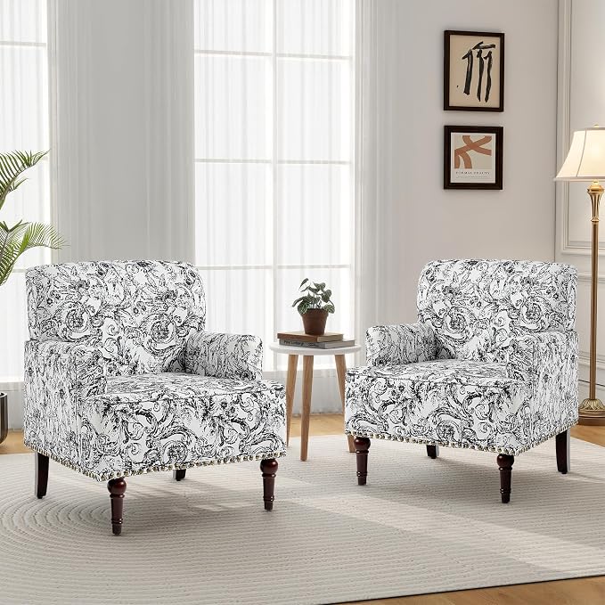 Accent Chair, Mid Century Modern Comfy Armchair for Living Room, Linen Fabric Single Sofa Lounge for Reading Bedroom Apartment Waiting Room with Wood Legs (Rococo Black, Set of 2)