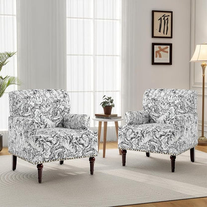 Accent Chair, Mid Century Modern Comfy Armchair for Living Room, Linen Fabric Single Sofa Lounge for Reading Bedroom Apartment Waiting Room with Wood Legs (Rococo Black, Set of 1)