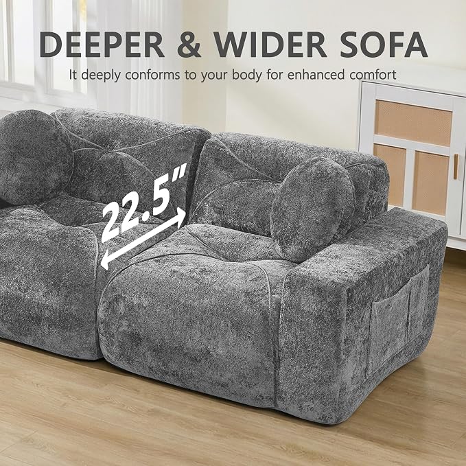 82" Modular Sectional Cloud Couch, Loveseat Sofa Boneless Couches, 2 Deep Seat Modern Comfy Velvet Sofa for Living Room, Bedroom, Apartment (Grey)