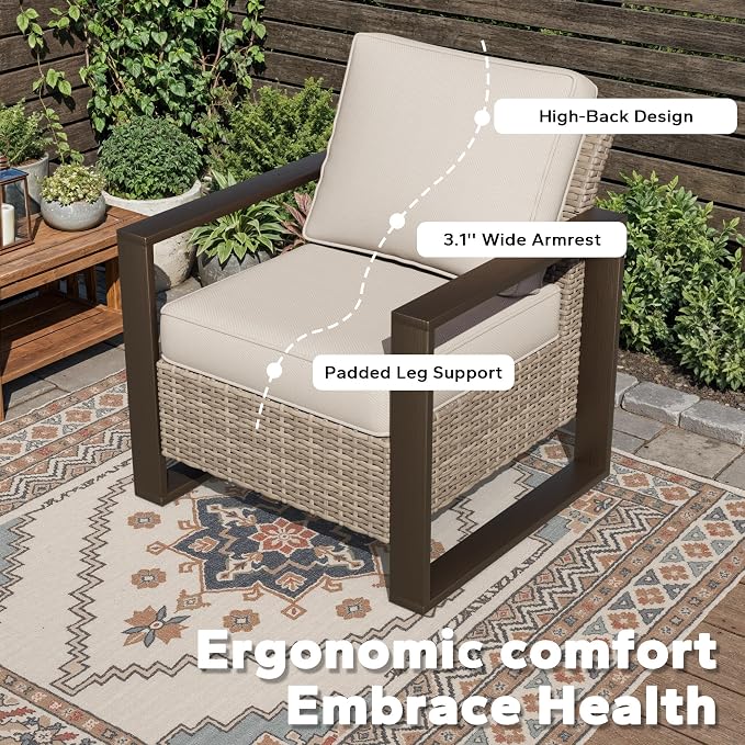 Joyside Outdoor Patio Chairs, 7 Pieces Wicker Rattan Furniture Set, 2 Patio Chairs, 2 Sofa, 2 Ottoman and 1 Table, Metal Wide Armrest, Thick Cushions and Deep Seating for Garden, Backyard, Porch