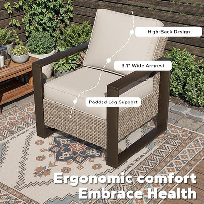 Joyside Outdoor Patio Chairs, 6 Pieces Wicker Rattan Furniture Set, 4 Patio Chairs and 2 Ottoman, Metal Wide Armrest, Thick Cushions and Deep Seating for Garden, Backyard, Porch, Deck