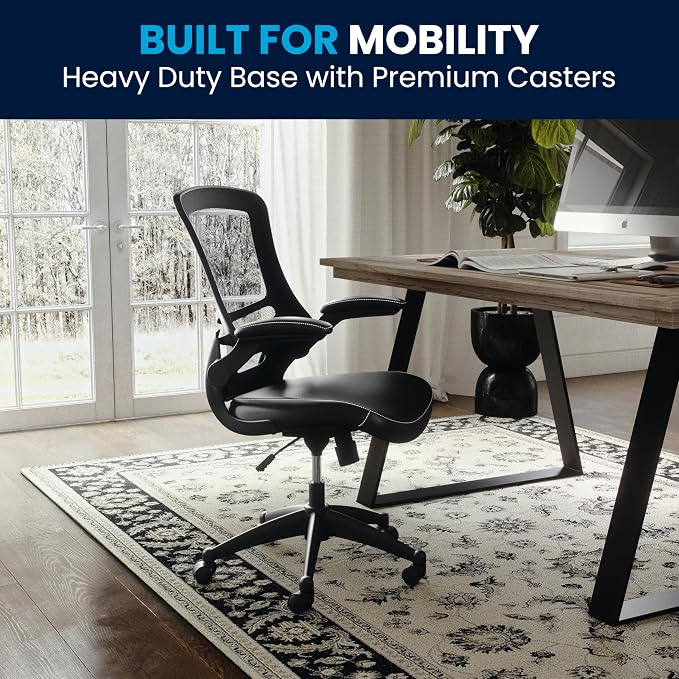 Flash Furniture Kelista Mid-Back Swivel Office Chair with Adjustable Seat Height, Ergonomic Mesh Desk Chair with LeatherSoft Seat, Black