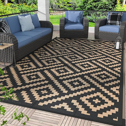 GENIMO 5'x8'Outdoor Rug Waterproof, Reversible Mats, Area Rug, Plastic Outside Carpet, Geometric Rv Mat for Patio Camping Rv Picnic Backyard Deck Balcony Porch Beach Trailer (Black & Brown)