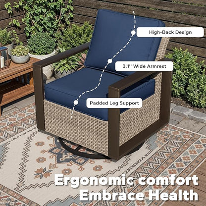 Outdoor Patio Swivel Rocker Chairs, 8 Pieces Wicker Furniture Set, 4 Swivel Rocking Chairs, 1 Sofa, 2 Ottoman and 1 Table, Wide Armrest, Thick Cushions and Deep Seating for Garden, Backyard, Porch