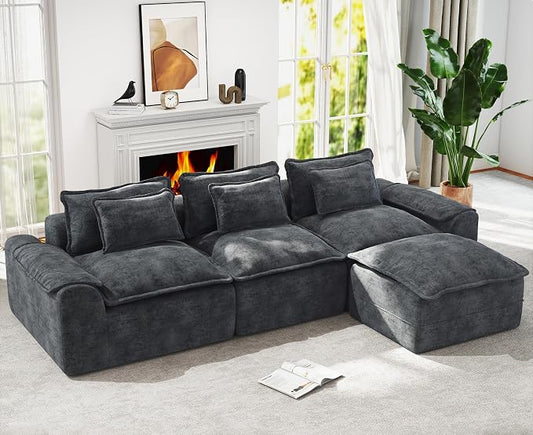 Hobestluk 120" Cloud Modular Sectional Couch 3-Seater Sofa with Ottoman L Shaped Sofa with Removable Cover Large Sofa Couch for Living Room (Blue Grey, 3-Seater Sofa with One Ottoman)