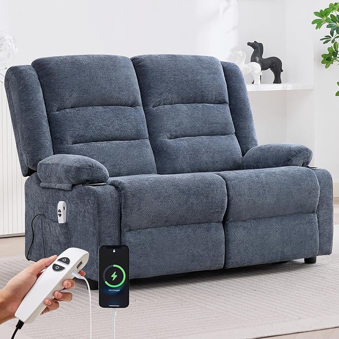 52Inch Reclining Loveseat Sofa,Power Loveseat Recliner,Electric Love seat Recliner Sofa for Bedroom,Living Room with Charging Ports,Blue