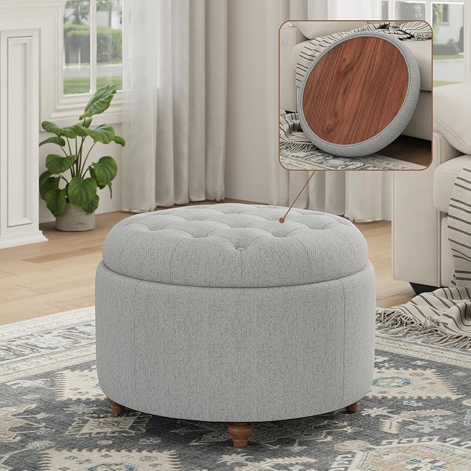 25Inch Round Ottoman with Storage, Tufted Fabric Modern Circle Ottoman with Reversible Tray Lid and Wood Legs, Multi-Functional Small Coffee Table for Living Room, Bedroom, Gray