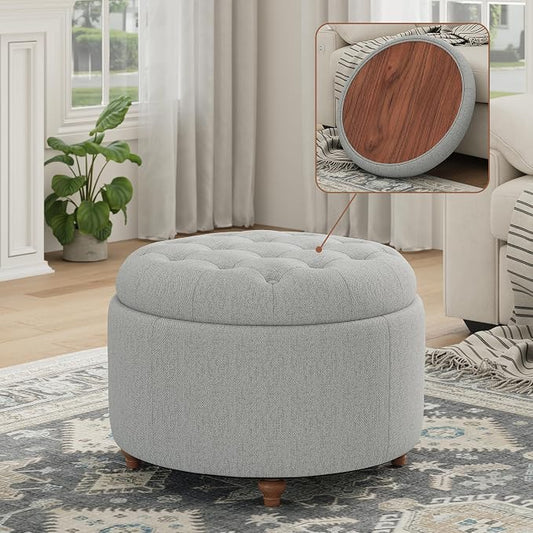25Inch Round Ottoman with Storage, Tufted Fabric Modern Circle Ottoman with Reversible Tray Lid and Wood Legs, Multi-Functional Small Coffee Table for Living Room, Bedroom, Gray