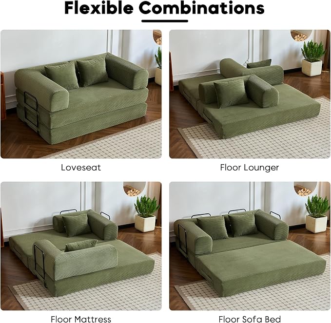 ZEIINPA 59“ Convertible Floor Sofa Bed, 5-in-1 Futon Sofa Bed Pull Out Sleeper Couch, Modern Corduroy Compressed Loveseat, Modular Boneless Couches for Living Room, No Assembly Required, Green