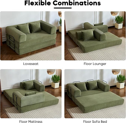 ZEIINPA 59“ Convertible Floor Sofa Bed, 5-in-1 Futon Sofa Bed Pull Out Sleeper Couch, Modern Corduroy Compressed Loveseat, Modular Boneless Couches for Living Room, No Assembly Required, Green
