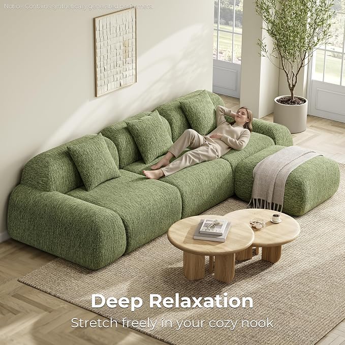 LIKIMIO LumiPebble Modular Sectional Sofa with Ottoman, 110" L-Shaped Boneless Couch for Living Room, Deep Seat with LuxeChenille Upholstery, No Assembly Required, Olive Green