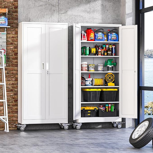 74.8" H Metal Garage Storage Cabinet with Doors and Shelves, Rolling Storage Cabinet with Lock, Steel Cabinets on Wheels, Large Tool Locker for Garage, Home Office, Shop, White
