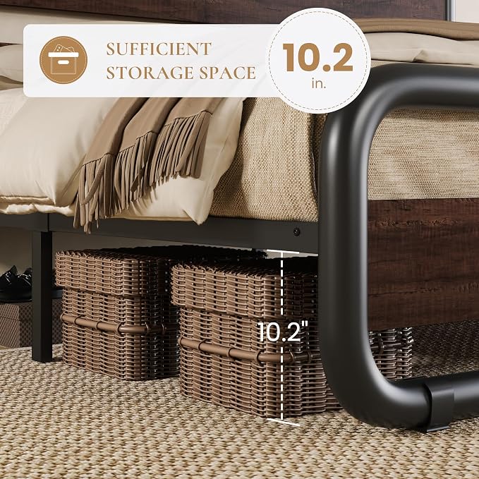 SHA CERLIN King Size Metal Bed Frame with Wooden Headboard and Footboard, Heavy Duty Platform Bed Frame with 10" Under-Bed Storage, Noise-Free, No Box Spring Needed, Mahogany