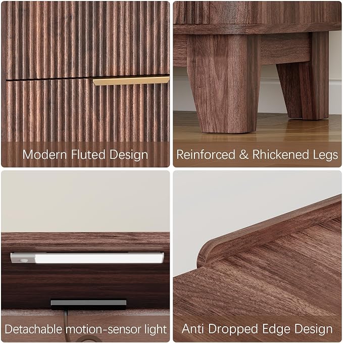 Baoz Walnut Fluted Nightstand with Charging Station & 2 Wooden Drawers | 20" Wide Mid Century Modern Bedside Table Wood Curved Profile Design 27in Tall LED Night Stand