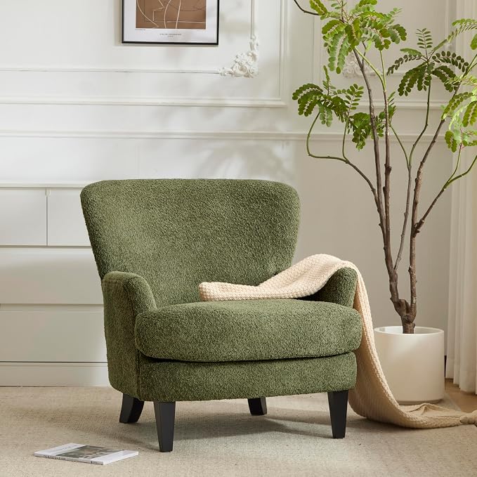 Christopher Knight Home Colby Boucle Upholstered Club Chair, Living Room Accent Chair, Wooden Frame, Flared Armrest, Plush Thick Cushion, Reading Lounge Chair, Space-Saving Furniture, Olive Green
