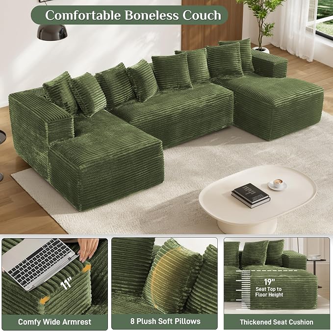 131" Oversized U Shaped Cloud Sectional Couches for Living Room, Comfy Fluffy Corduroy Green Boneless Sectionals Couch, Plush Memory Foam Modular Sectional Sofa with Chaise- 19" Seat Height
