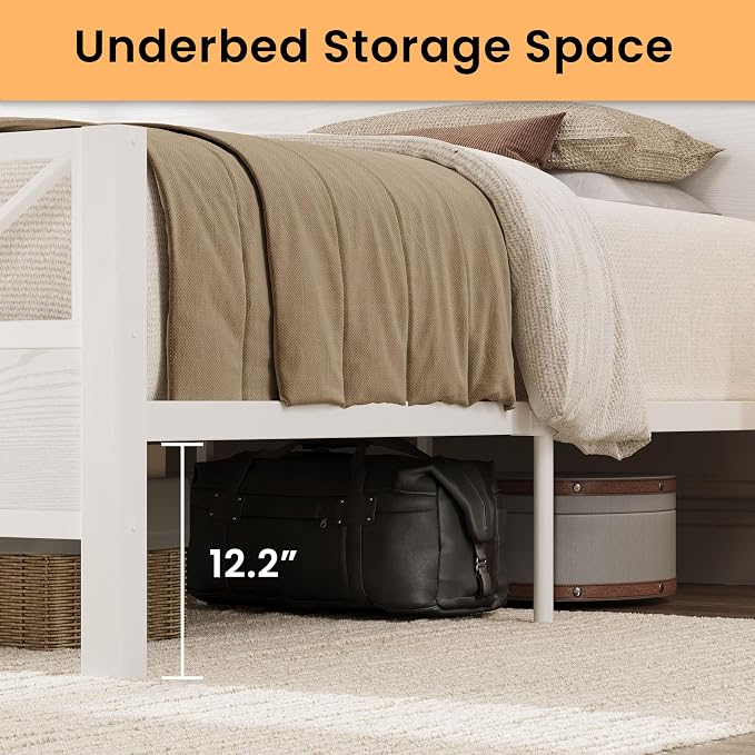 LIKIMIO Queen Bed Frame, Tall Modern Headboard 51.2 ", Platform Bed Frame with Strong Metal Support, Solid and Stable, Noise Free, No Box Spring Needed, Easy Assembly, White