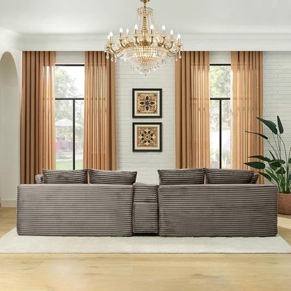 127" U-Shaped Cloud Sectional Couch Oversized Modular Compressed Boneless Sectional Sofa with Ottoman Chaise Lounges & Console, Plush Corduroy Boneless Symmetrical Sofa