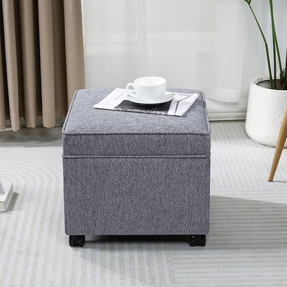 Adeco 17.5 Inch Square Storage Ottoman with Wheels, Modern Linen Upholstered Footrest Stool & Coffee Table with Flip Top Lid, Rolling Footstool for Living Room & Bedroom, Grey