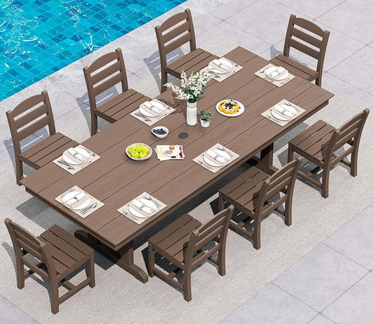 SERWALL 9 Piece 84" HDPE Outdoor Dining Set for 8 with Armless Chairs and Umbrelle Hole, Brown