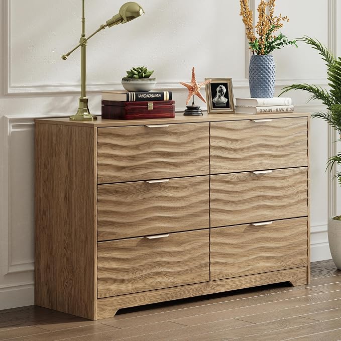 MALOL Coastline Fluted 6 Drawers Dresser for Bedroom, 48" Wide Modern Chest of TV Stand Organizers with Metal Handle, Storage Wooden Dresser Drawer for Living Room, Hallway, Closet, Walnut Wood