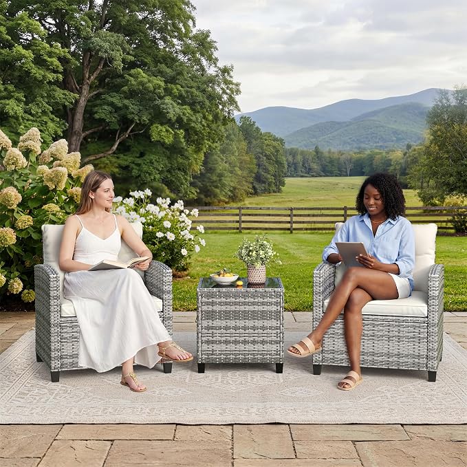 GarveeLife 3 Pieces Patio Furniture Set, PE Rattan Patio Conversation Set with Tempered Glass Tabletop, Outdoor Wicker Chairs and Table Set for Patio Balcony Garden, Grey and Beige