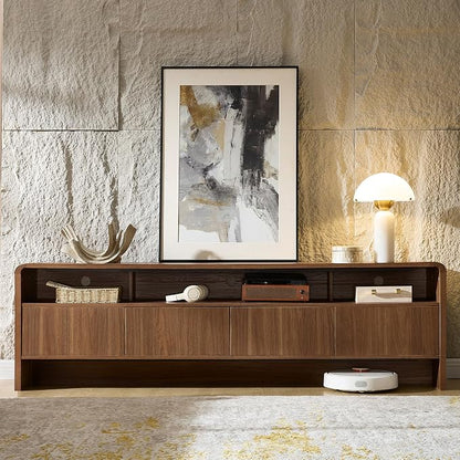 AMERLIFE 70" Modern TV Stand for TVs Up to 80", Wood TV Console with Curved Profile Design & 2 Storage Cabinets, Media Console Entertainment Center for Living Room, Brown