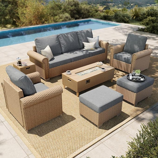 HERA'S HOUSE Patio Furniture Set, 4 x Cushioned Chairs, 3-Seat Sofa with Wood Grain Coffee Table, 5 Seats Luxury Windsor Style All Weahter Outdoor Sofa Conversation Set for Deck Lawn Backyard