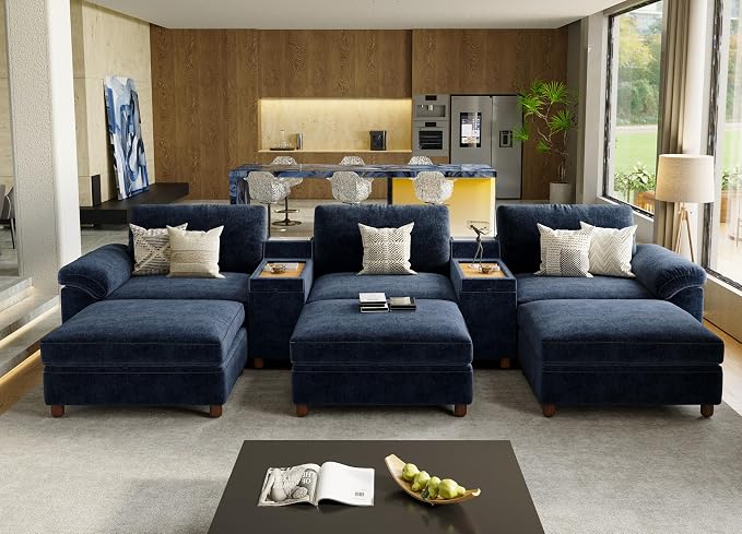 SITJOY Large Cloud Couch, 146" Wide 3 Seater Bed with Console, Navy Blue | Detachable and Washable Chenille Cover Sectional Sofas for Living Room, Deep Seat Wide Couch with Chaise, Storage Ottoman