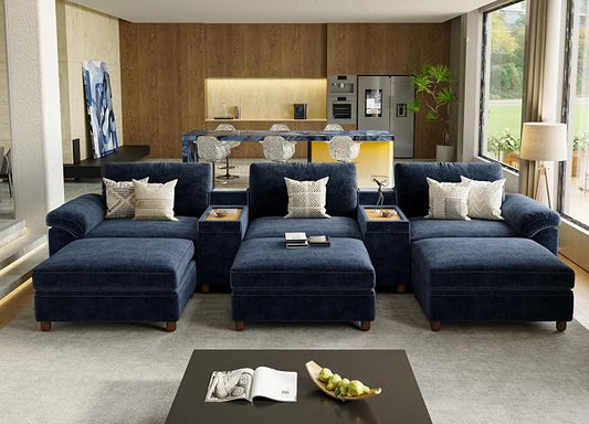 SITJOY Large Cloud Couch, 146" Wide 3 Seater Bed with Console, Navy Blue | Detachable and Washable Chenille Cover Sectional Sofas for Living Room, Deep Seat Wide Couch with Chaise, Storage Ottoman