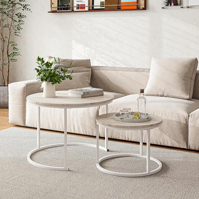 HOJINLINERO Round Coffee Table,Nesting Coffee Table Set of 2,Center Tables for Living Room,Office, Home Small Space,Stacking Side Tables,Sturdy and Easy Assembly,Wood Desktop,Oak+White,Large