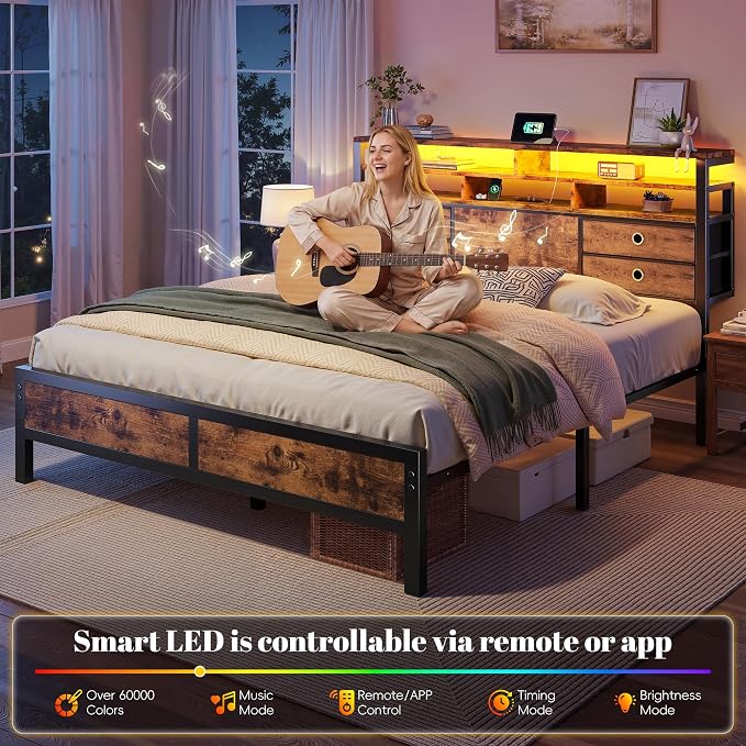 Homkdom Bed Frame Queen Size with 3-Tier Storage Headboard and 4 Drawers,Queen Platform Bed Frame with LED Lights & Charging Station,Metal Queen Bed,Noise-Free,Rustic Brown