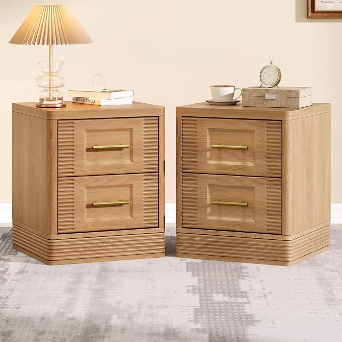 RECHHX Small Dresser for Bedroom, Farmhouse Nightstand with 2 Drawer for Narrow Spaces, Thermoformed Curved End Table for Bedroom, Living Room, Natural Oak