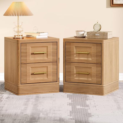 RECHHX Small Dresser for Bedroom, Farmhouse Nightstand with 2 Drawer for Narrow Spaces, Thermoformed Curved End Table for Bedroom, Living Room, Natural Oak
