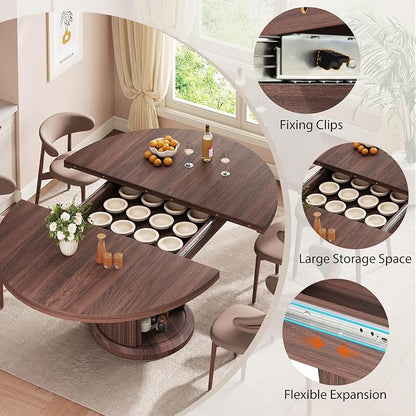 Jocoevol 47″–63″ Extendable Round Dining Table for 4–8 with Dust-Proof 2-Tier Storage Shelf Space Saving Expandable Wood Oval Circle Dinner Furniture with Pedestal Base (Brown)