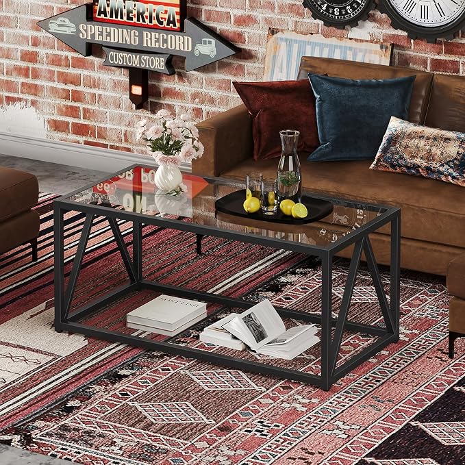 HOOBRO Glass Coffee Table, Black Coffee Tables for Living Room, Black Glass Coffee Table,1 Layer Center Table, Modern, for Apartment, Office, 39.4 x 19.7 x 17.7 Inches, Easy Assembly, Black BK04KF01