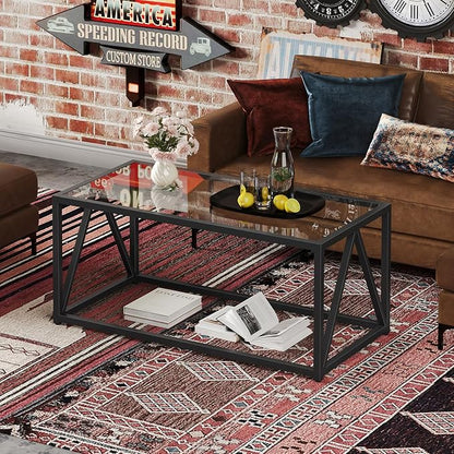 HOOBRO Glass Coffee Table, Black Coffee Tables for Living Room, Black Glass Coffee Table,1 Layer Center Table, Modern, for Apartment, Office, 39.4 x 19.7 x 17.7 Inches, Easy Assembly, Black BK04KF01