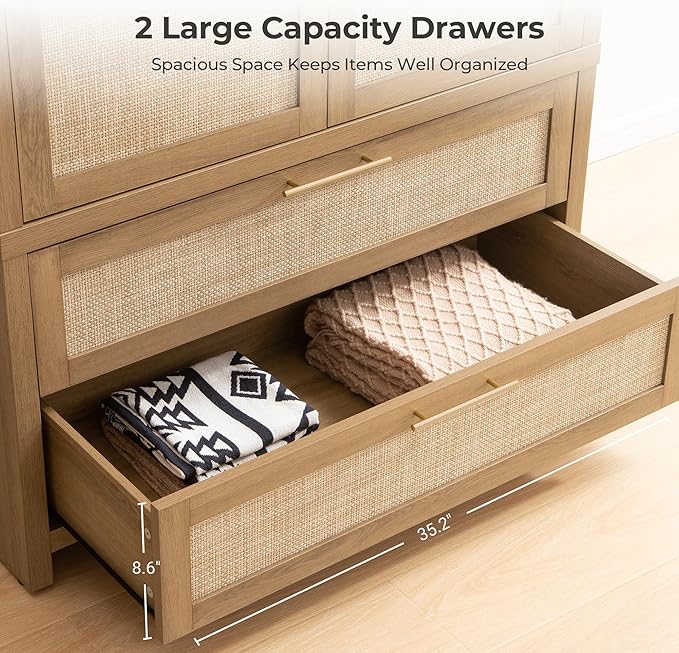 SICOTAS Armoire Wardrobe Closet, Larger Rattan Armoires Wardrobe Cabinet with 2 Drawers and Hanging Rod, Tall Closet Storage Cabinet for Cloak Room, Laundry Room, Bedroom, Oak (3 Pieces)