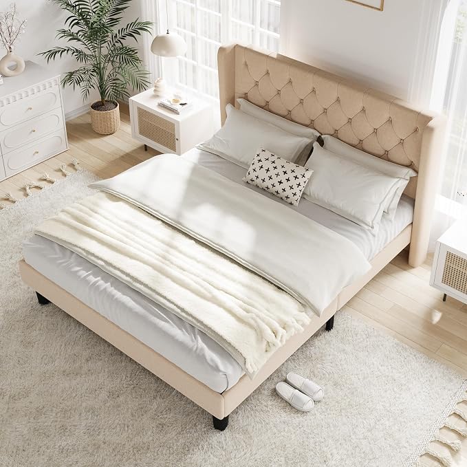 Allewie Full Size Bed Frame with Button Tufted Wingback Headboard, Modern Upholstered Bed Frame with Solid Wooden Slats Support - No Box Spring Needed, Easy Assembly, Beige