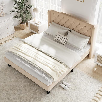 Allewie Full Size Bed Frame with Button Tufted Wingback Headboard, Modern Upholstered Bed Frame with Solid Wooden Slats Support - No Box Spring Needed, Easy Assembly, Beige