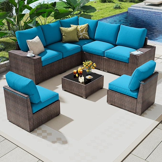 olimix 8 Piece Outdoor Patio Furniture Set, Outdoor Sectional Furniture, Rattan & Wicker Modern Modular Conversation Set Sofa Couch W/Water Resistant Washable Thick Cushions, Brown/Peacockblue