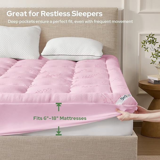 BEDLORE California King Mattress Topper Viscose Derived from Bamboo, Thick Pillow Top Mattress Pad with Stretchable Pockets for 6"-18" Mattress, Soft Mattress Topper for Back Pain Relief(Pink)