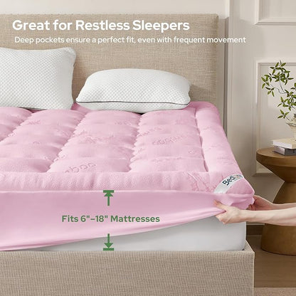 BEDLORE California King Mattress Topper Viscose Derived from Bamboo, Thick Pillow Top Mattress Pad with Stretchable Pockets for 6"-18" Mattress, Soft Mattress Topper for Back Pain Relief(Pink)