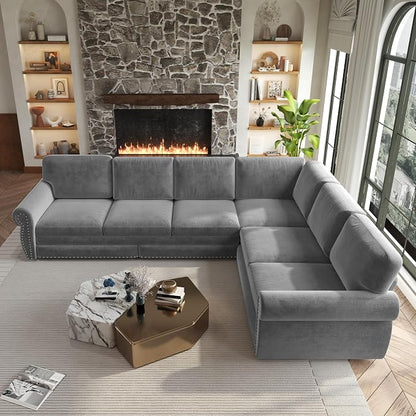118" L-Shaped Sleeper Couch Bed - Oversize Convertible with Pull-Out Sofa Bed, Button Tufted Chesterfield Sofa, Chenille Sectional Vintage Couches for Living Room/Apartment(6-Seater, Light Grey) | Oversize Convertible