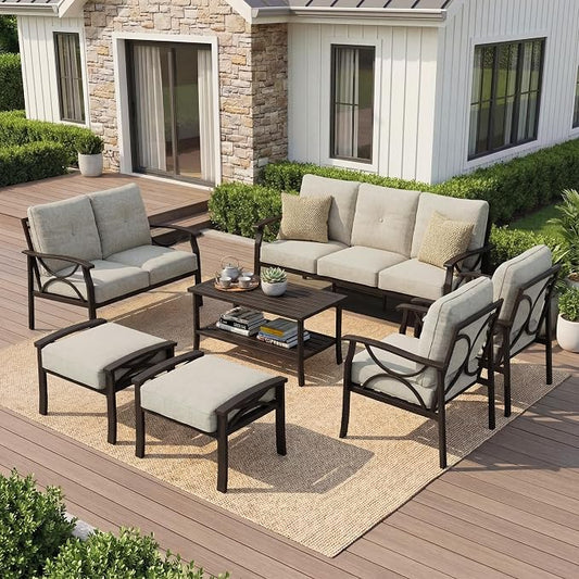RoyalCraft Outdoor Patio Furniture Set, 9 Seats Outdoor Patio Set with 4" Thick Cushion, All-Weather Metal Patio Sofa with Coffee Table, Outdoor Sectional Furniture for Porch Backyard, Khaki&Beige