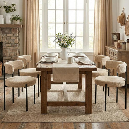 Boucle Dining Chairs Set of 2, Beige Dining Chairs with Upholstered Seat and Round Back, Mid-Century Modern Kitchen Chairs for Dining Room, Restaurant