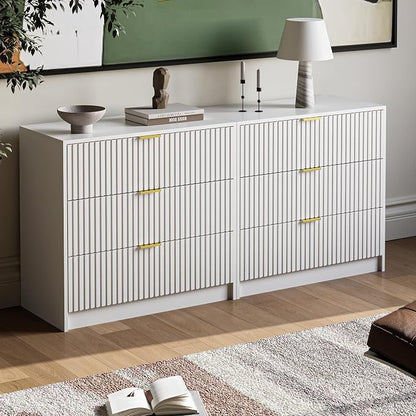 MAISONARIA 3-Piece Dresser Bedroom Set, 6 Drawer Dresser & 3 Drawer Nightstands with Gold Handles, Fluted Wood Chest of Drawers for Bedroom, Living Room, Entryway, White