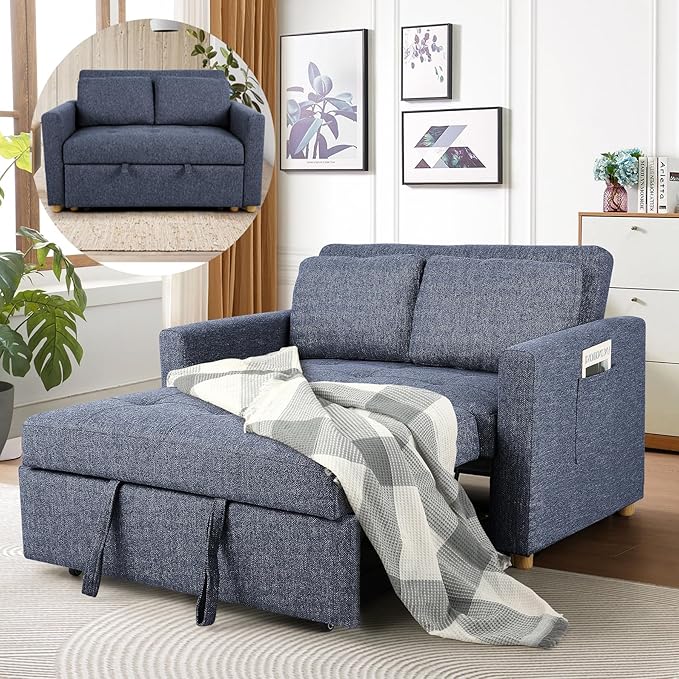 SEJOV Convertible Sofa Bed, 3-in-1 Sleeper Sofa Pull Out Couch Bed, 2-Seater Linen Fabric Loveseat Futon with Spring Support, Adjustable Backrest for Small Spaces, Living Room, Navy Blue